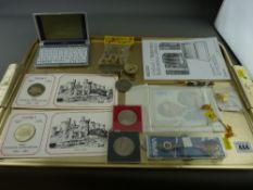 Small parcel of commemorative coinage, a white metal snuff box, a pocket compass etc