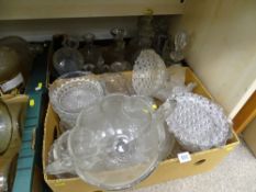 Two boxes of miscellaneous glassware, good heavy bowls, decanters with stoppers, vases etc
