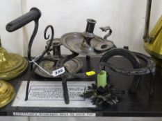 Good tripod goffering iron with curved 'tail', a pair of EP chambersticks and a stand of three old