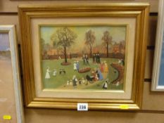 HELEN BRADLEY nice framed varnished print - numerous figures in the park