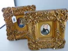 Two square gilt framed miniatures, one of a young lady and one of a gentleman