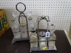 Three bottle condiment set on a plated stand and a six bottle condiment set on a plated stand