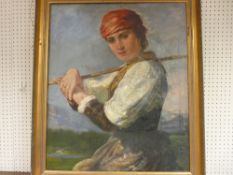 LOT HAS BEEN WITHDRAWN W B SPENCER oil on canvas - young shepherdess with stick in a landscape sett