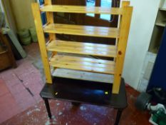 Stained pine bookstand, a Long John coffee table, a polished box seat dressing stool and a typist'