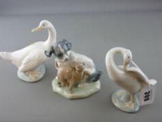 Lladro goose and two Nao figurines - goose and dog with cat (chip to ear of cat)