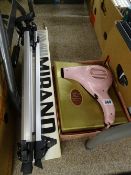 Boxed Miranda photographic tripod (little used) and a pink retro boxed Pifco hairdryer