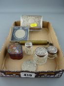 Two tiny glass dressing table pieces with silver tops and a tiny silver topped salt shaker, an