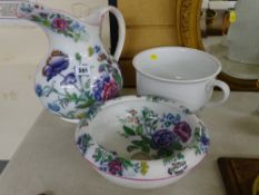 Copeland Spode squat globular toilet jug with matching toilet bucket top and a plain white chamber