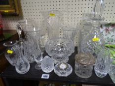 Parcel of quality glassware including decanters with stoppers, Waterford mantel clock etc