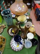 Parcel of mixed porcelain, brass effect oil lamp, treen etc