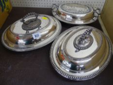 Pair of oval electroplated bead decorated lidded entree dishes and one non-matching similar