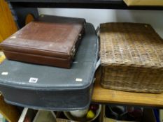 Wicker picnic hamper, vintage suitcase etc