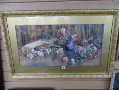 Early 20th Century English School watercolour - still life, flowers on a table, unsigned, 35 x 70