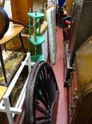 Green painted whatnot, white painted towel rail, baby's cot, bed ends etc (a parcel)