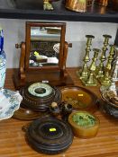 Small Victorian toilet mirror, mahogany framed aneroid wall barometer and other treen items