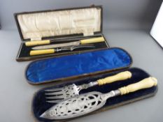 Fine cased pair of elaborately decorated bone handled fish servers and a cased three piece bone