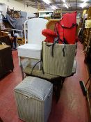Two loom effect linen baskets with miscellaneous contents - linen, life jackets etc and a similar
