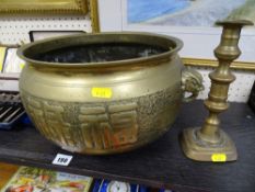 Interesting Oriental decorated three footed brass sensor with similar contents