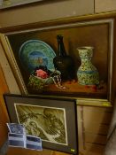 R HILL oil on canvas - still life, bottles, plates and fruit on a table and an artist's proof