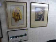 Pastel head study of a dog, 40 x 26 cms, a print of a Lancaster Bomber and a classical print -