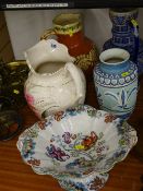 Floral comport and a pottery toilet jug and three other vases