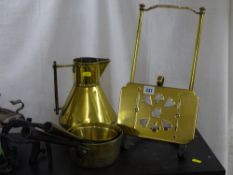Brass and iron adjustable kettle stand, a brass narrow necked jug and two iron handled brass pans