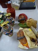 Two Bossons ware figures with bird/animals, a pair of Oriental cloisonne style vases and a