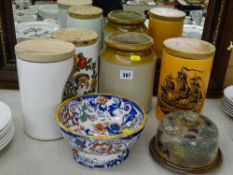 Amherst ware pedestal fruit bowl, a nice art pottery style circular lidded butter dish, three