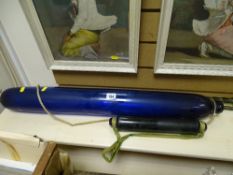 Two ornamental glass rolling pins and a pair of glass twist stem sticks