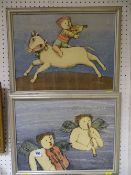 J ROYBAL oils on canvas, a pair - two angelic figures playing musical instruments and child musician