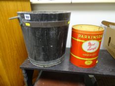 Vintage tin for 'Parkinson's Mint Lumps' and a metal banded timber pail (no bottom)