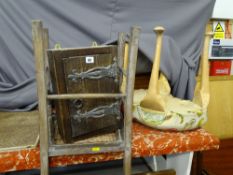 Parcel of furniture including cane seated chair, kidney shaped stool, wall hanging, single door