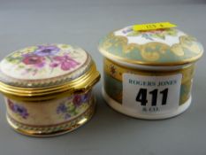 Circular Royal Worcester china patch box 'Queen's 90th Birthday' and a china and metallic 'Country