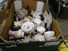 Box of Gaudy Welsh 'Tulip' ware, pink lustre floral ware and a floral pottery teapot, stand and