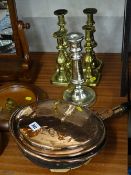 Antique copper warming pan with turned handled and patterned lid, two pairs of square based brass