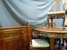 Reproduction Oriental hardwood dining suite of sideboard with carved front, 180 cms long together
