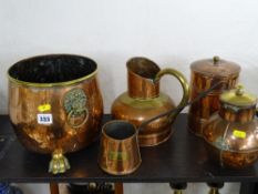 Five items of copperware including a tea caddy, good planter stand with three brass supports and