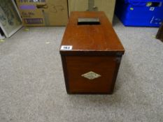 Vintage mahogany shop till with label 'O'Briens Self Closing Till of Liverpool'