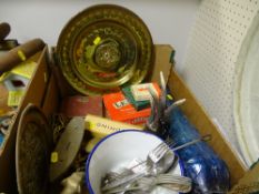 Box of vintage brassware, glass vase, flatware, games etc