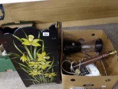 Small folding lacquered screen, a good Corinthian column mahogany table lamp, a large figure phone