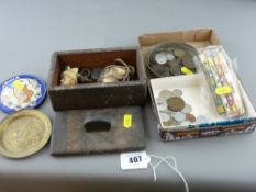 Old lidded wooden trinket box, a small parcel of coinage and four decorative writing pens