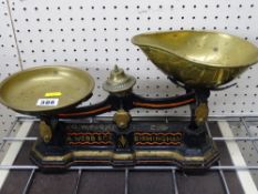 Set of iron based provision scales with brass pans to weigh 2lbs by Webb, Birmingham
