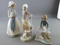Lladro figurine of young girl with goose and bucket, two Nao figurines - young seated girl with