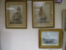 Watercolour - Vietnamese boating scene with figures and pair of yachting scene prints