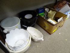 Two boxes of mixed household items and a quantity of planters