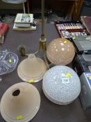 Two pairs of Art Deco style lampshades, brass hanging light fitting