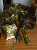 Parcel of brassware including chestnut roaster, tray, horse brasses, ladle etc