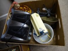 Box of kitchen items including vintage scales, Kenwood Chefette