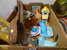 Box of mixed items including vintage glassware, milk glassware etc