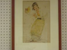 Watercolour - Oriental dancing lady, 28 x 18 cms (some foxing)